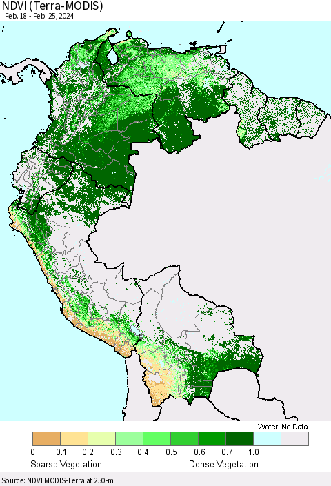 Northern South America NDVI (Terra-MODIS) Thematic Map For 2/18/2024 - 2/25/2024