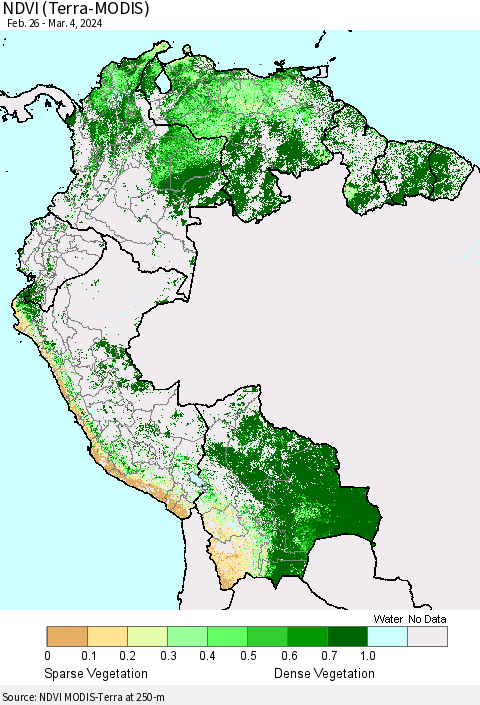Northern South America NDVI (Terra-MODIS) Thematic Map For 2/26/2024 - 3/4/2024