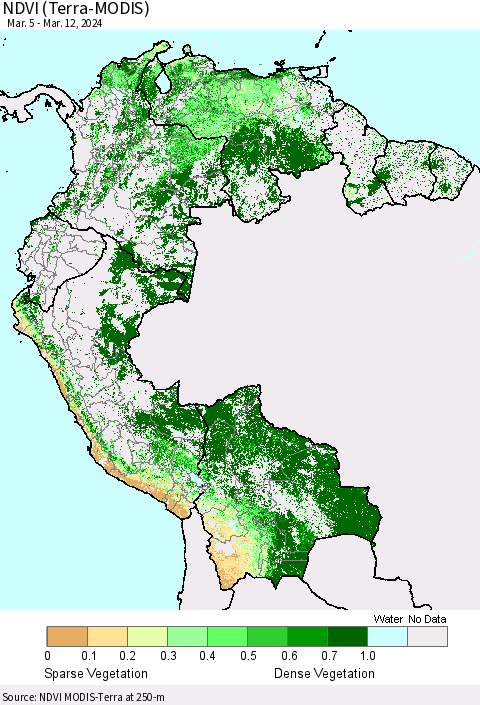 Northern South America NDVI (Terra-MODIS) Thematic Map For 3/5/2024 - 3/12/2024