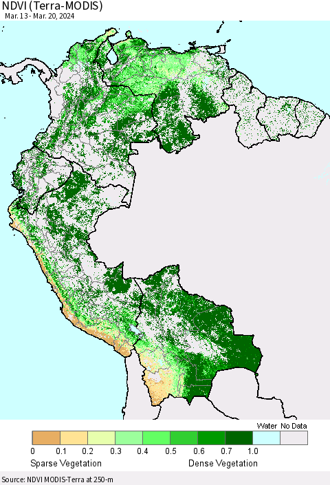 Northern South America NDVI (Terra-MODIS) Thematic Map For 3/13/2024 - 3/20/2024