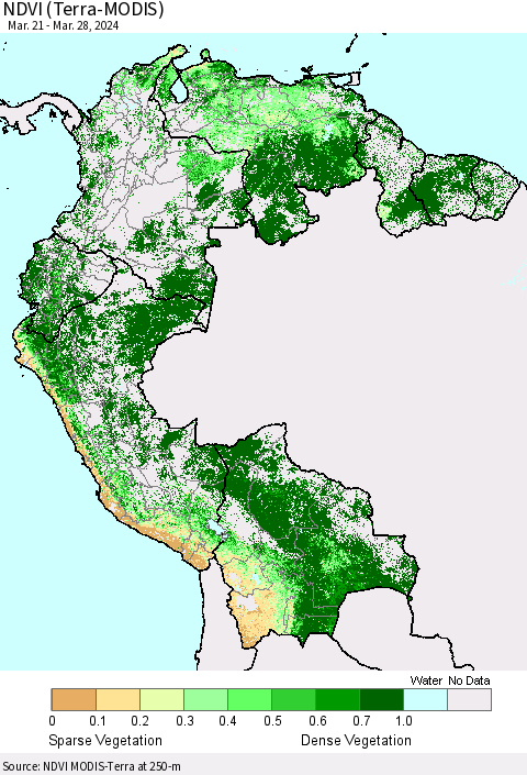 Northern South America NDVI (Terra-MODIS) Thematic Map For 3/21/2024 - 3/28/2024