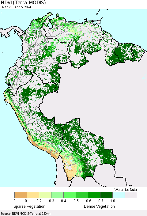 Northern South America NDVI (Terra-MODIS) Thematic Map For 3/29/2024 - 4/5/2024
