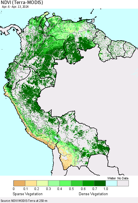 Northern South America NDVI (Terra-MODIS) Thematic Map For 4/6/2024 - 4/13/2024