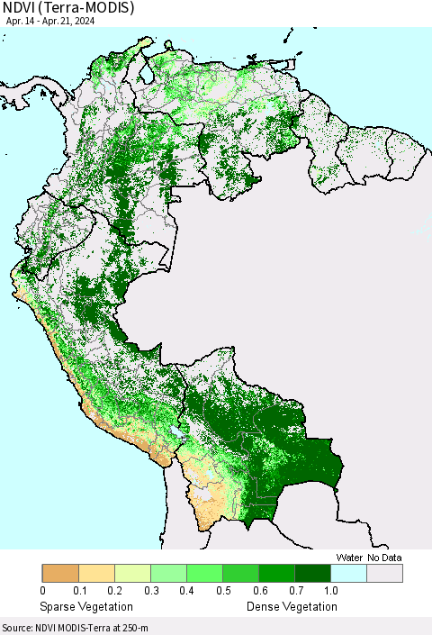 Northern South America NDVI (Terra-MODIS) Thematic Map For 4/14/2024 - 4/21/2024