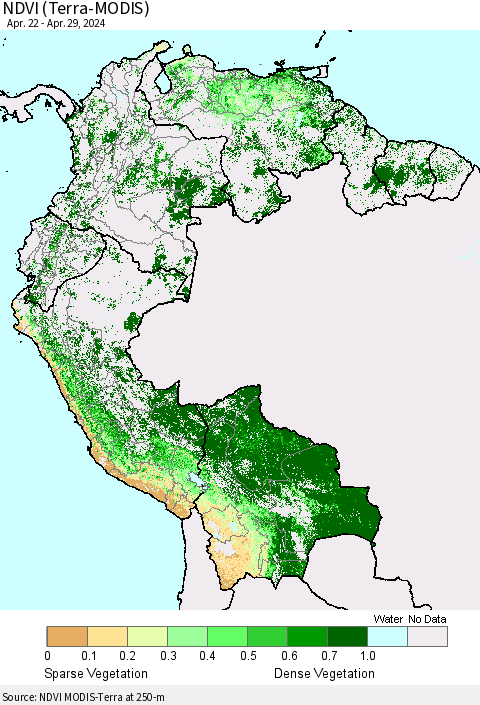 Northern South America NDVI (Terra-MODIS) Thematic Map For 4/22/2024 - 4/29/2024