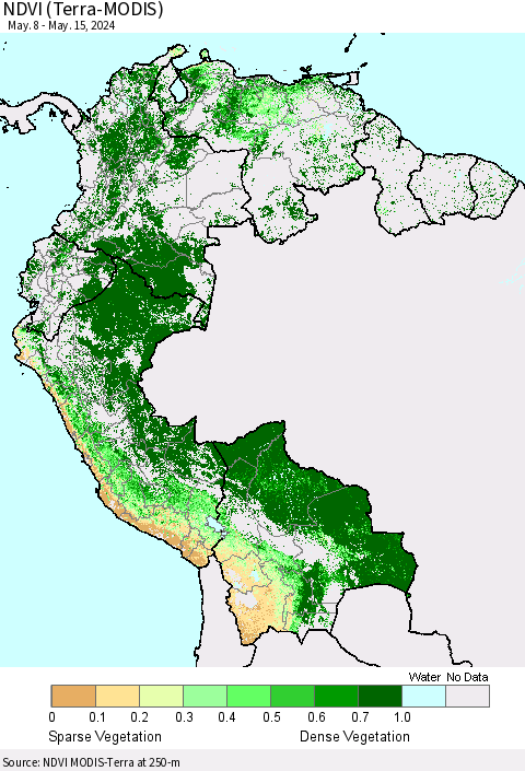 Northern South America NDVI (Terra-MODIS) Thematic Map For 5/8/2024 - 5/15/2024