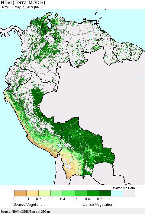 Northern South America NDVI (Terra-MODIS) Thematic Map For 5/16/2024 - 5/23/2024