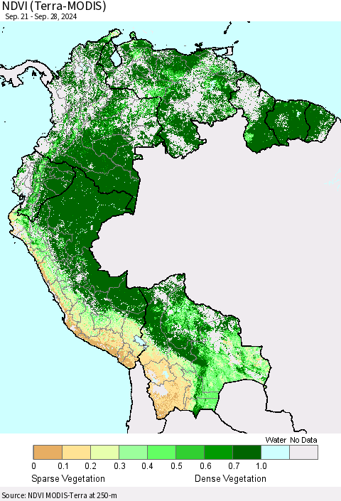 Northern South America NDVI (Terra-MODIS) Thematic Map For 9/21/2024 - 9/28/2024