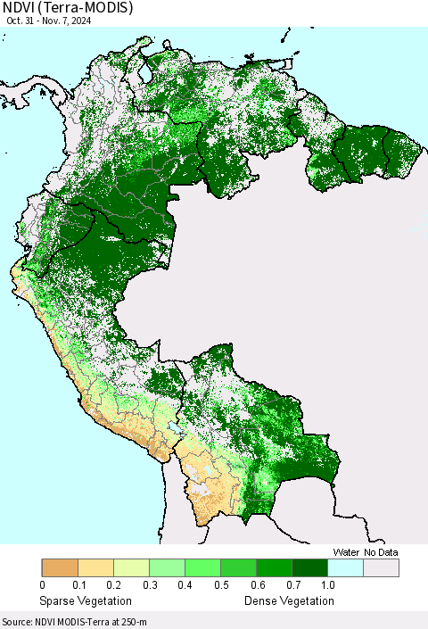 Northern South America NDVI (Terra-MODIS) Thematic Map For 10/31/2024 - 11/7/2024