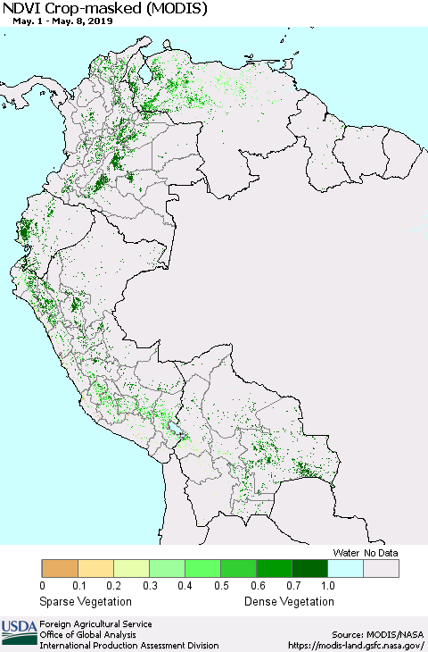 Northern South America Cropland NDVI (Terra-MODIS) Thematic Map For 5/1/2019 - 5/10/2019
