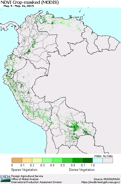 Northern South America Cropland NDVI (Terra-MODIS) Thematic Map For 5/11/2019 - 5/20/2019