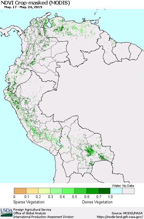 Northern South America Cropland NDVI (Terra-MODIS) Thematic Map For 5/21/2019 - 5/31/2019