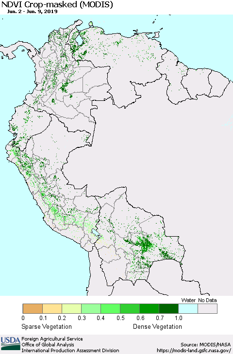Northern South America Cropland NDVI (Terra-MODIS) Thematic Map For 6/1/2019 - 6/10/2019
