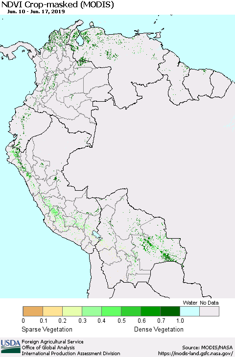 Northern South America Cropland NDVI (Terra-MODIS) Thematic Map For 6/11/2019 - 6/20/2019