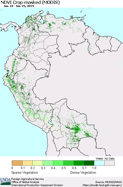 Northern South America Cropland NDVI (Terra-MODIS) Thematic Map For 6/21/2019 - 6/30/2019