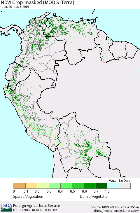 Northern South America Cropland NDVI (Terra-MODIS) Thematic Map For 7/1/2019 - 7/10/2019