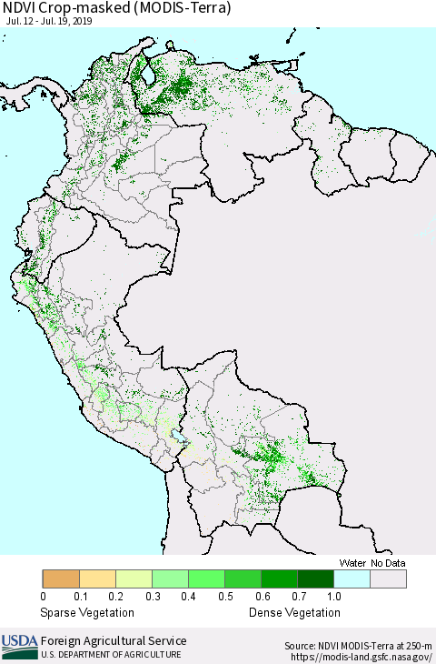 Northern South America Cropland NDVI (Terra-MODIS) Thematic Map For 7/11/2019 - 7/20/2019