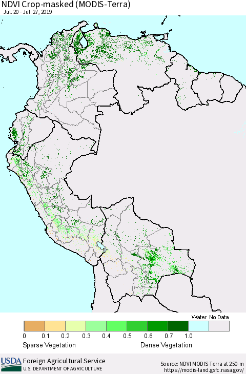 Northern South America Cropland NDVI (Terra-MODIS) Thematic Map For 7/21/2019 - 7/31/2019