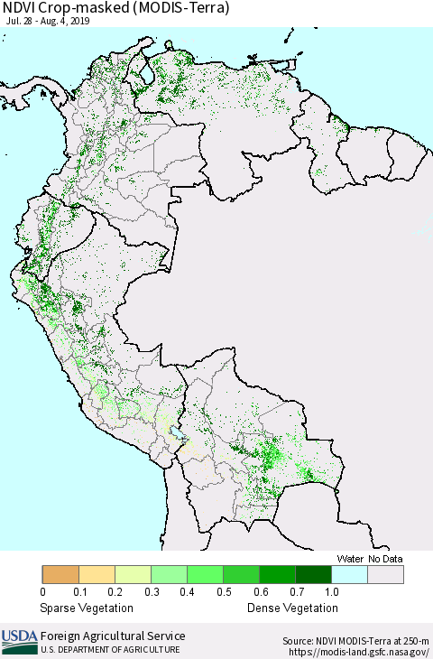 Northern South America Cropland NDVI (Terra-MODIS) Thematic Map For 8/1/2019 - 8/10/2019