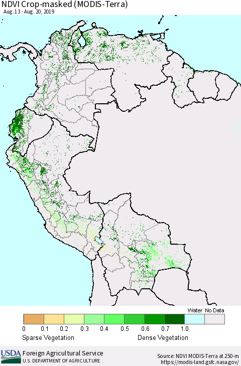 Northern South America Cropland NDVI (Terra-MODIS) Thematic Map For 8/11/2019 - 8/20/2019