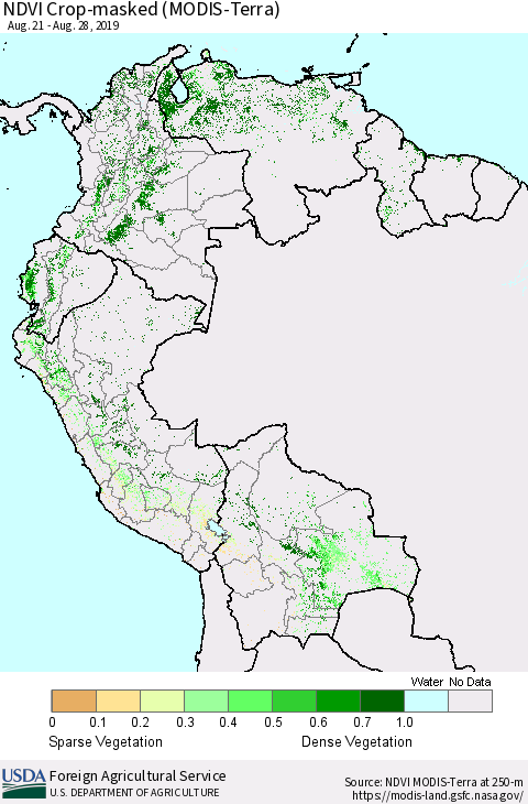 Northern South America Cropland NDVI (Terra-MODIS) Thematic Map For 8/21/2019 - 8/31/2019