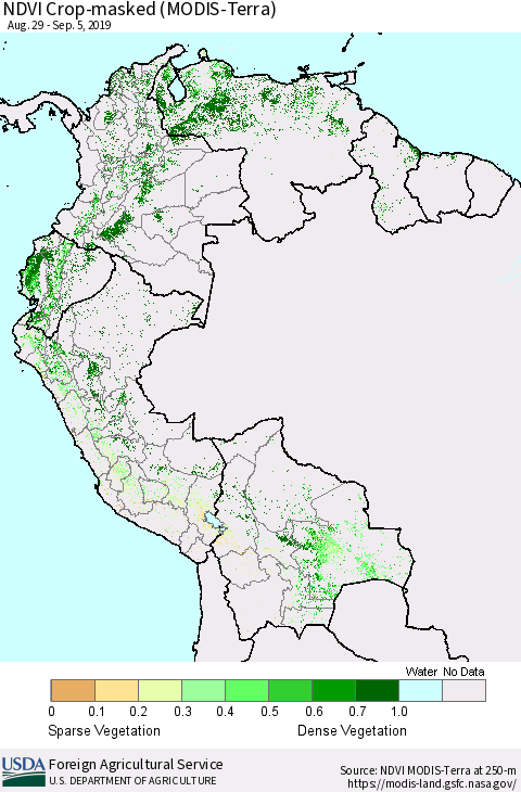 Northern South America Cropland NDVI (Terra-MODIS) Thematic Map For 9/1/2019 - 9/10/2019
