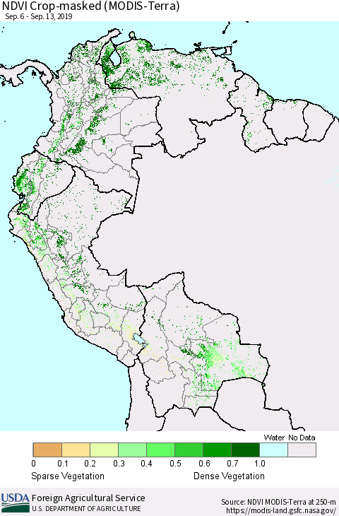Northern South America Cropland NDVI (Terra-MODIS) Thematic Map For 9/11/2019 - 9/20/2019