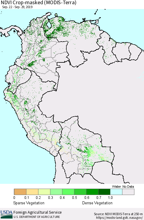 Northern South America Cropland NDVI (Terra-MODIS) Thematic Map For 9/21/2019 - 9/30/2019