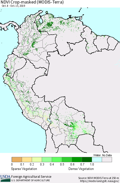 Northern South America Cropland NDVI (Terra-MODIS) Thematic Map For 10/11/2019 - 10/20/2019