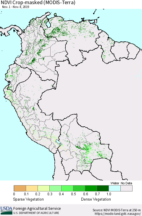 Northern South America Cropland NDVI (Terra-MODIS) Thematic Map For 11/1/2019 - 11/10/2019