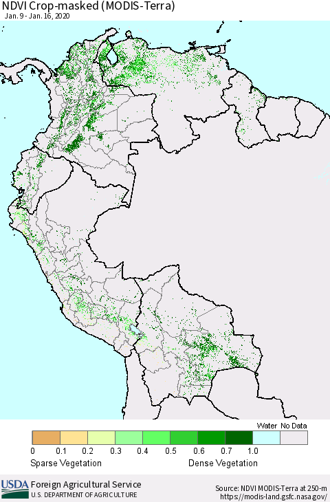 Northern South America Cropland NDVI (Terra-MODIS) Thematic Map For 1/11/2020 - 1/20/2020