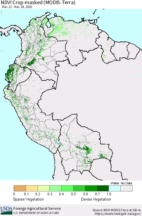 Northern South America Cropland NDVI (Terra-MODIS) Thematic Map For 3/21/2020 - 3/31/2020