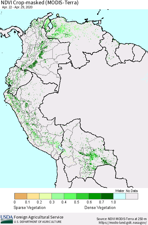 Northern South America Cropland NDVI (Terra-MODIS) Thematic Map For 4/21/2020 - 4/30/2020