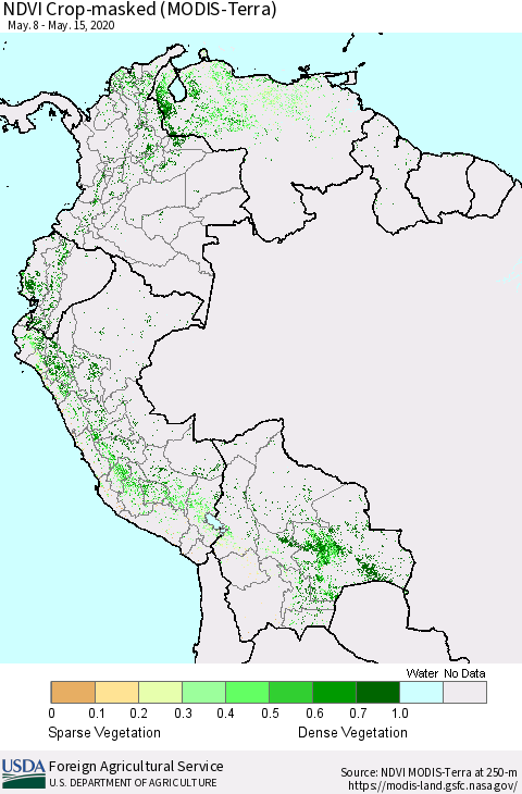 Northern South America Cropland NDVI (Terra-MODIS) Thematic Map For 5/11/2020 - 5/20/2020