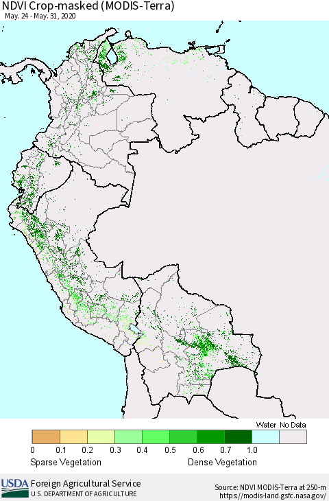 Northern South America Cropland NDVI (Terra-MODIS) Thematic Map For 5/21/2020 - 5/31/2020