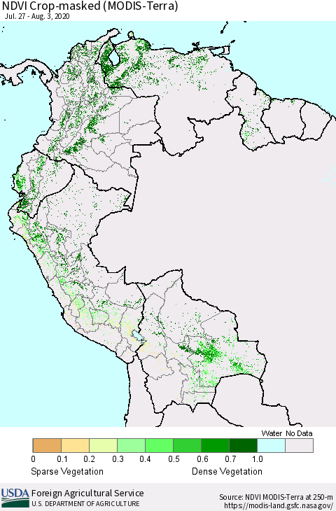 Northern South America Cropland NDVI (Terra-MODIS) Thematic Map For 8/1/2020 - 8/10/2020