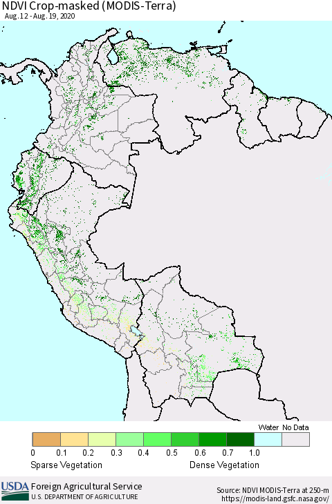 Northern South America Cropland NDVI (Terra-MODIS) Thematic Map For 8/11/2020 - 8/20/2020