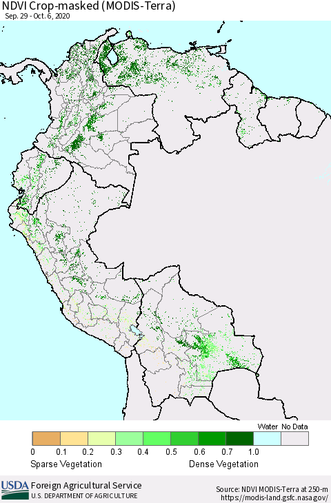 Northern South America Cropland NDVI (Terra-MODIS) Thematic Map For 10/1/2020 - 10/10/2020