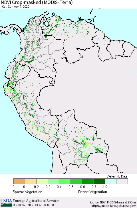 Northern South America Cropland NDVI (Terra-MODIS) Thematic Map For 11/1/2020 - 11/10/2020