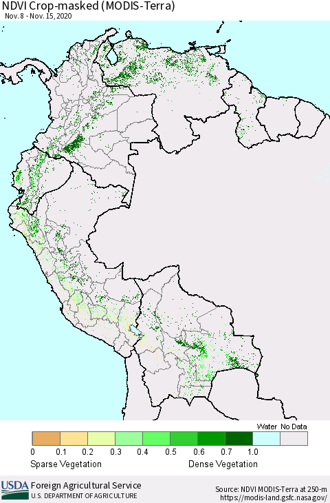 Northern South America Cropland NDVI (Terra-MODIS) Thematic Map For 11/11/2020 - 11/20/2020