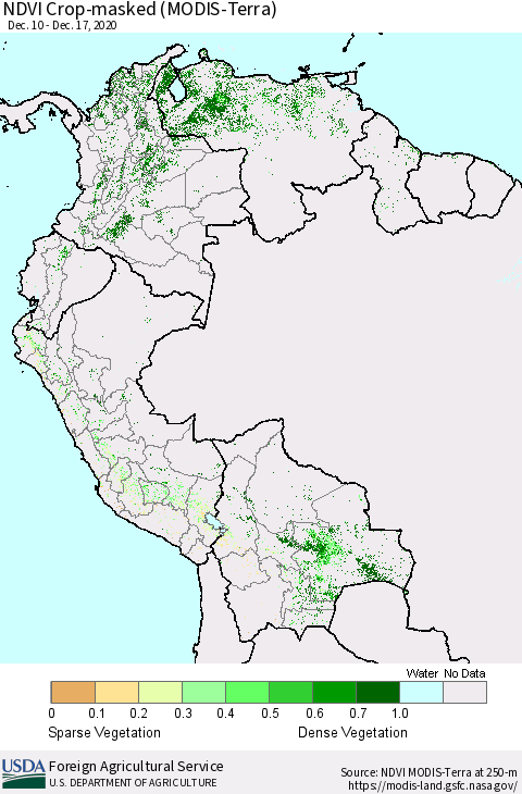 Northern South America Cropland NDVI (Terra-MODIS) Thematic Map For 12/11/2020 - 12/20/2020