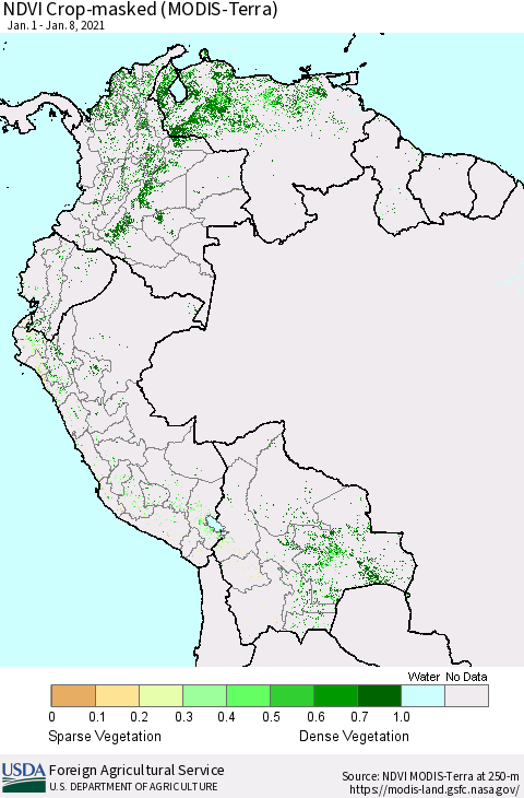 Northern South America Cropland NDVI (Terra-MODIS) Thematic Map For 1/1/2021 - 1/10/2021