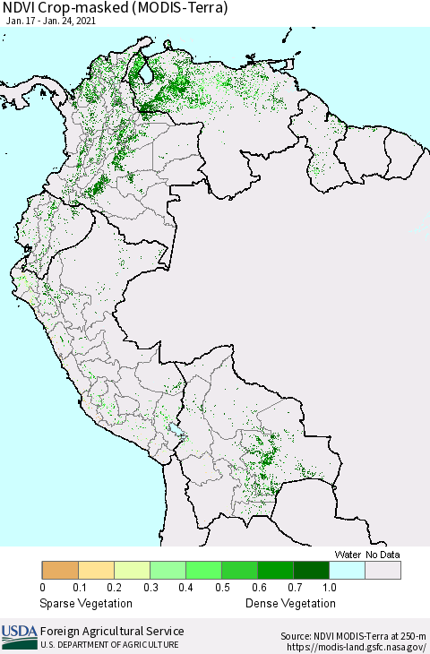 Northern South America Cropland NDVI (Terra-MODIS) Thematic Map For 1/21/2021 - 1/31/2021