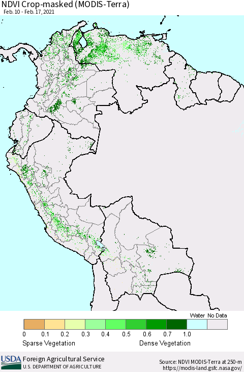 Northern South America Cropland NDVI (Terra-MODIS) Thematic Map For 2/11/2021 - 2/20/2021