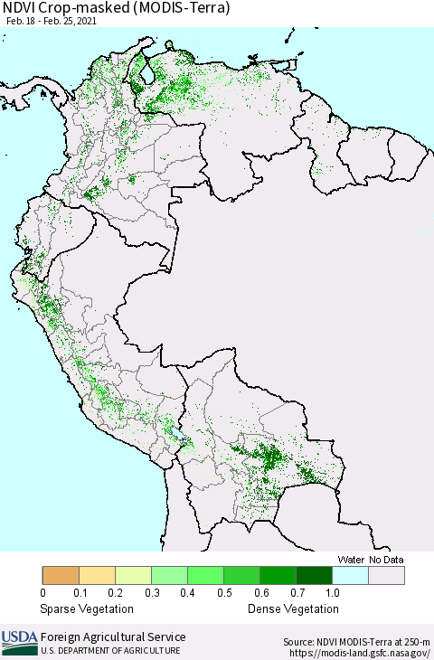 Northern South America Cropland NDVI (Terra-MODIS) Thematic Map For 2/21/2021 - 2/28/2021