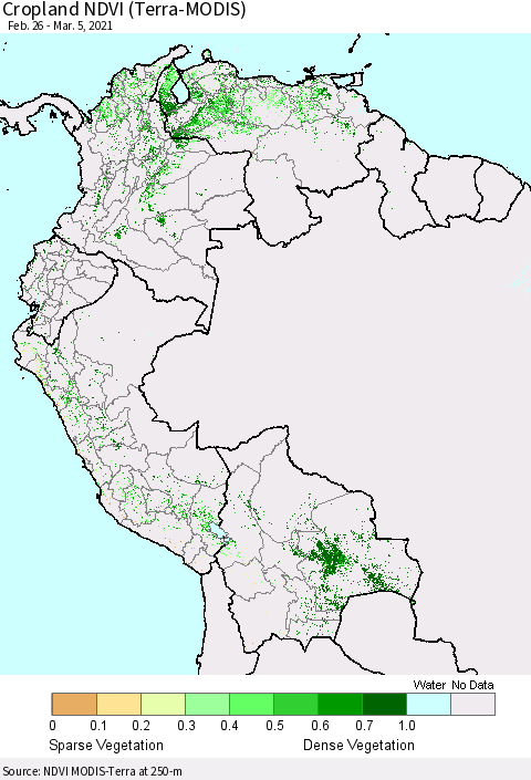 Northern South America Cropland NDVI (Terra-MODIS) Thematic Map For 2/26/2021 - 3/5/2021