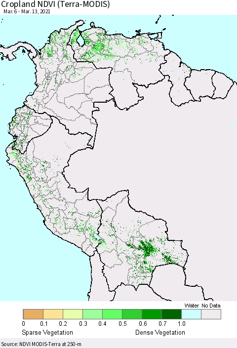 Northern South America Cropland NDVI (Terra-MODIS) Thematic Map For 3/6/2021 - 3/13/2021