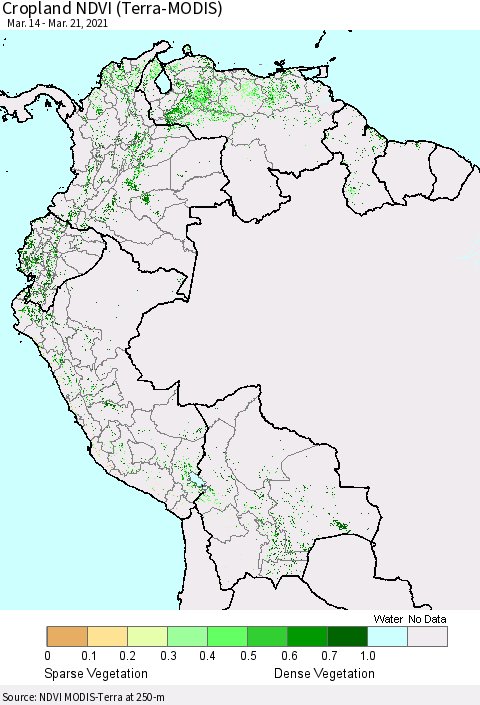 Northern South America Cropland NDVI (Terra-MODIS) Thematic Map For 3/14/2021 - 3/21/2021