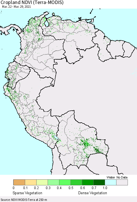 Northern South America Cropland NDVI (Terra-MODIS) Thematic Map For 3/22/2021 - 3/29/2021