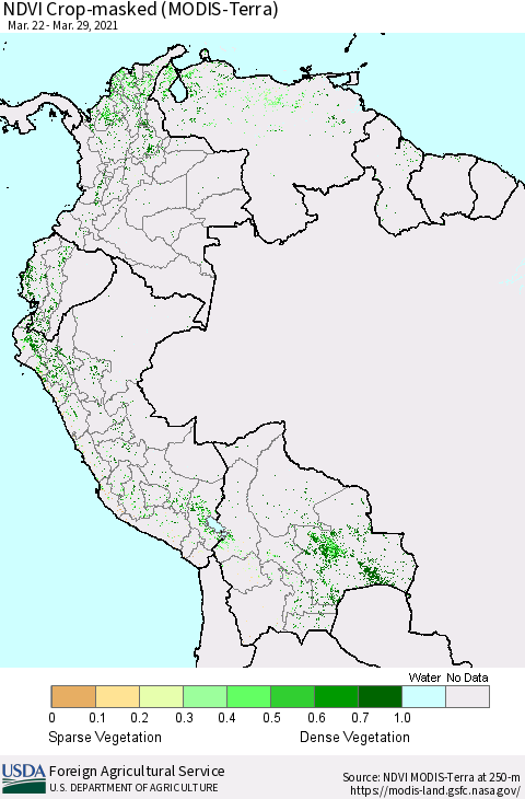 Northern South America Cropland NDVI (Terra-MODIS) Thematic Map For 3/21/2021 - 3/31/2021